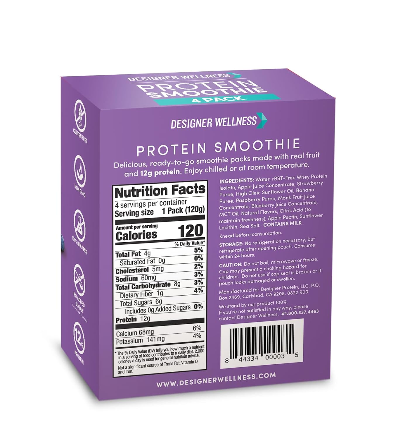 Designer Wellness Protein Smoothie, Real Fruit, 12g Protein, Low Carb, Zero Added Sugar, Gluten-Free, Non-GMO, No Artificial Colors or Flavors, Mixed Berry, 24 Count