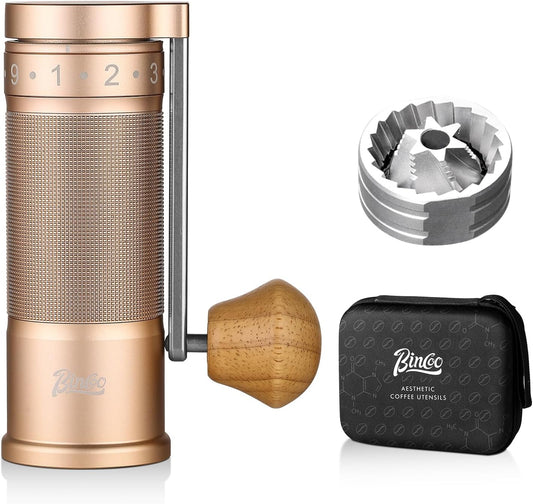 Bincoo Manual Coffee Grinder with Foldable Handle– External Setting Hand Coffee Grinder with Steel Burr,Compact and Portable for Home/Travel/Camping(Champagne)