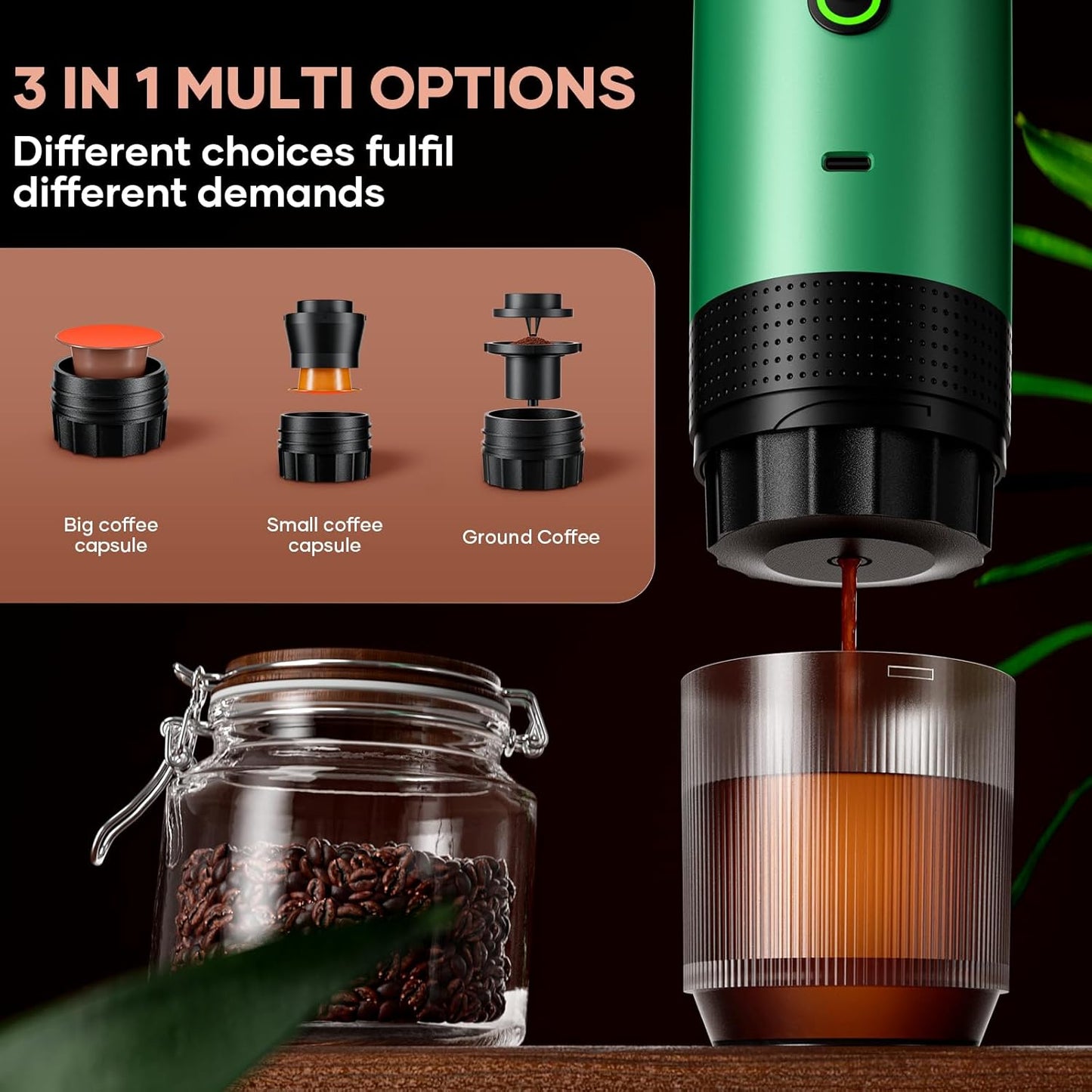 kejector Portable Coffee Maker Espresso Machine for Travel Nano Car Coffee Maker Compatible with Ground Coffee & Capsule for RV, Hiking Camping Office, Travel Espresso Maker Electric Green