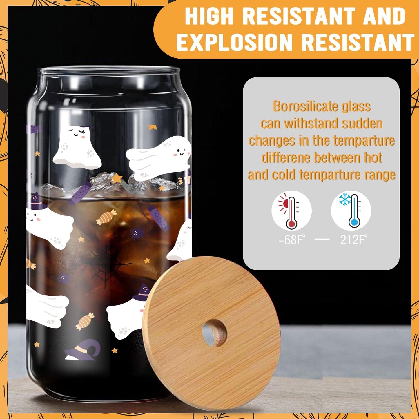 White Ghost Glass, 16 Oz, Fall Iced Coffee Mug with Straw and Lid, Perfect for Gothic Horror Themed Gifts and Thanksgiving Gifts (One)