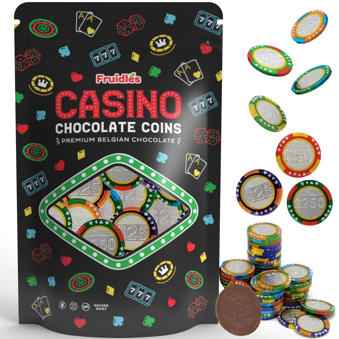 Fruidles Casino Poker Chips, Belgian Milk Chocolate Coins, Kosher Certified Dairy, Non GMO (50-Pack)