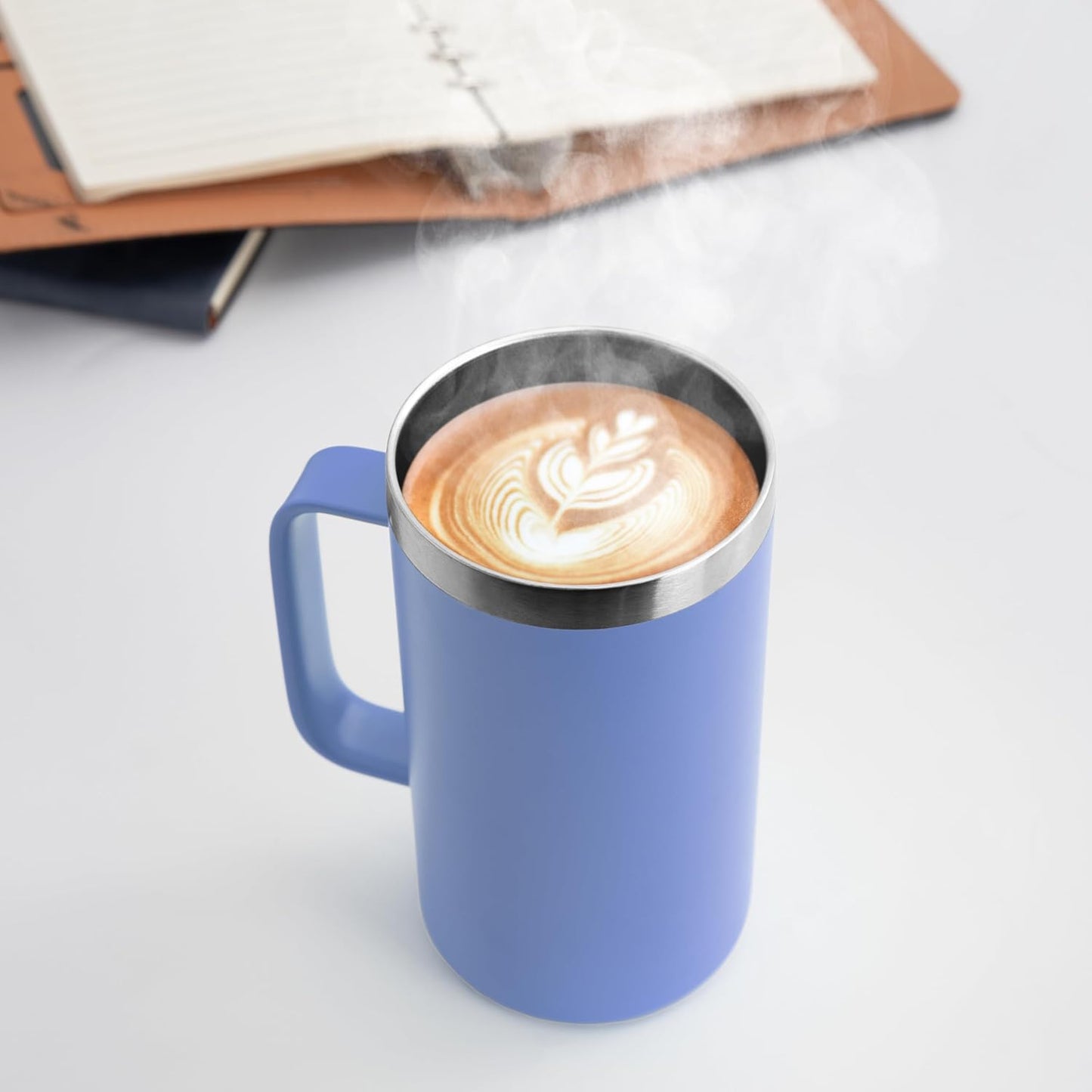 DOMICARE 24oz Mug with Handle and Lid, Stainless Steel Coffee Mug, Travel Mug with Handle, Double Wall Vacuum Coffee Tumbler, Reusable Insulated Cup, Blue, Pack 8