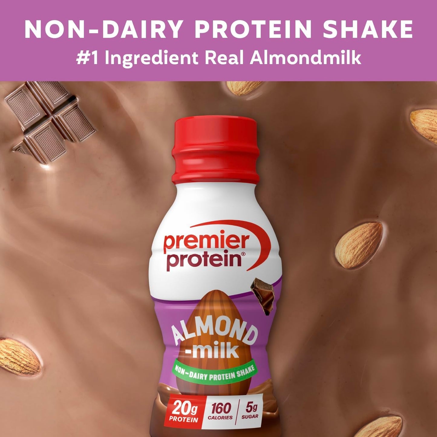 Premier Protein Almondmilk Plant Based Protein Shake, 20g Protein, 5g Sugar, 11.5 Fl oz, Chocolate, 12 Count