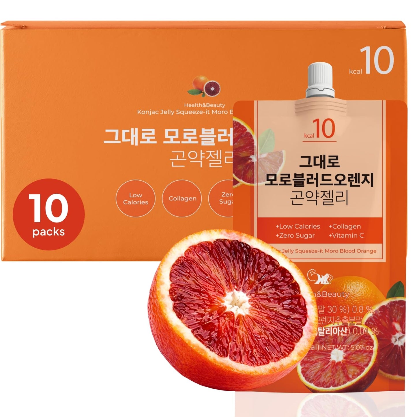Korean Food Low Calories Squeeze Konjac Jelly Moro Blood Orange Flavor, Fish Collagen, Vitamin, Zero Sugar, Chewier Texture Health&Beauty (Net WT 5.07 oz, Pack of 10) 곤약젤리