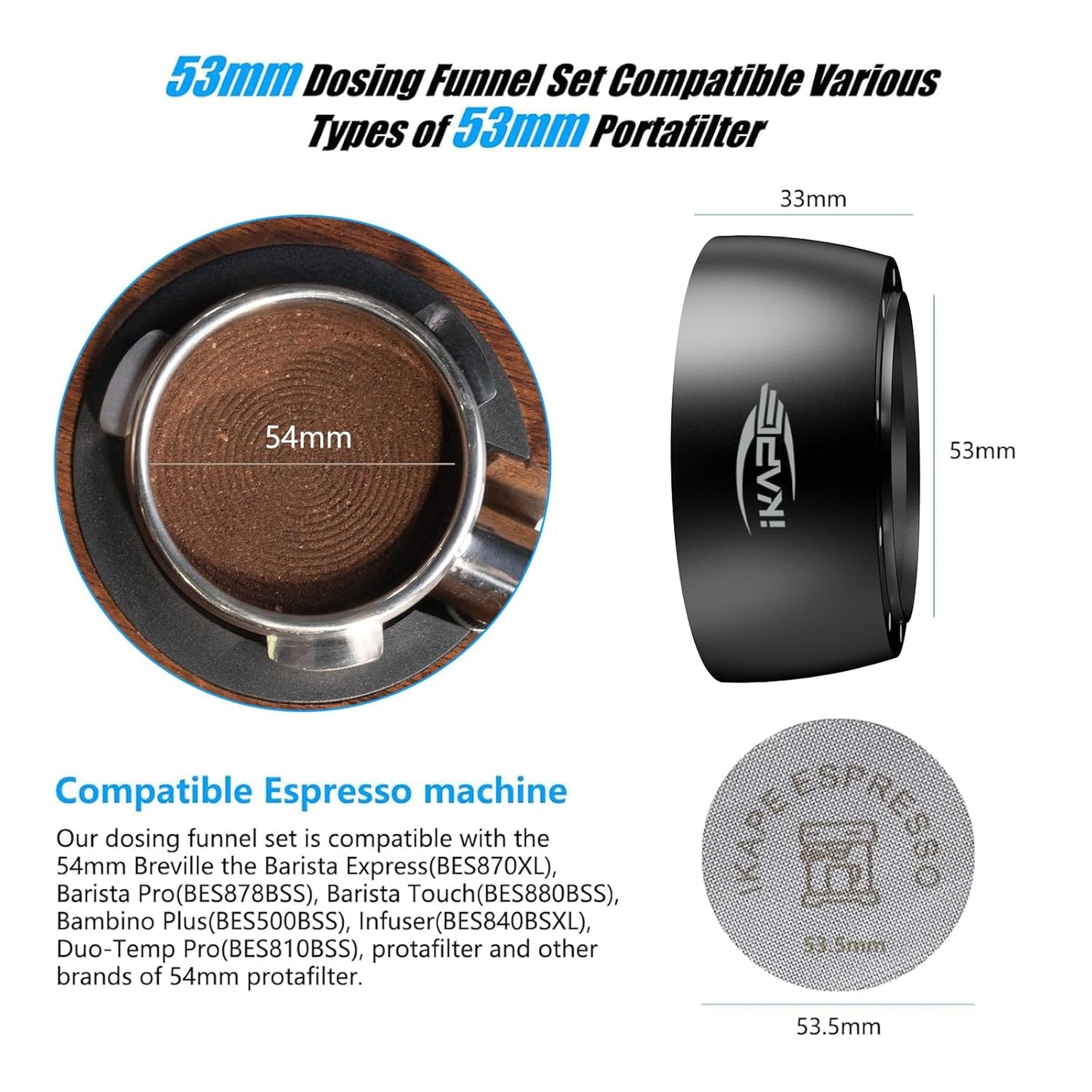 IKAPE 53mm Magnetic Dosing Funnel, Espresso Ring Compatible with 53 mm Bottomless Portafilter - with 10 Small Magnet (Black)