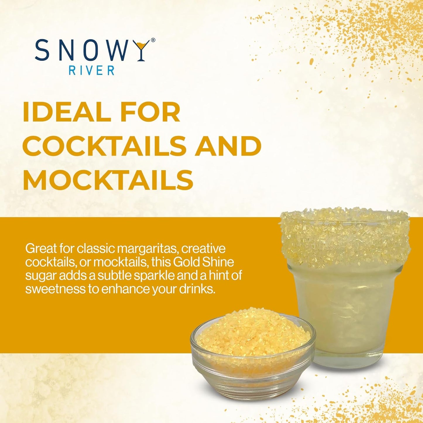 Snowy River Gold, Cocktail & Margarita Sugar Rimmer - Vibrant Naturally Colored Sugar for Cocktail Rimming, Baking & Decorating, Medium Crystal - 16oz