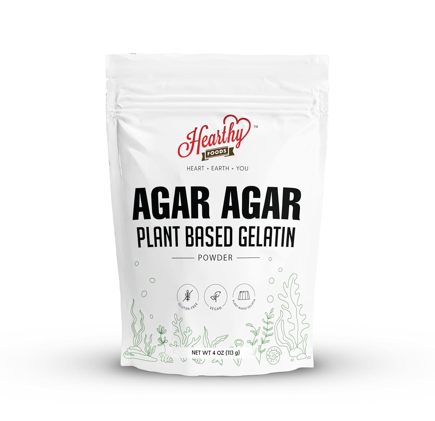 Hearthy Foods Agar Agar Powder (4oz) Vegan Gelatin Substitute, Certified Halal, Kosher, Gluten-free, Non-GMO, 100%, Sugar-free, Kosher, Halal, Desserts, 100% Natural Red Algae