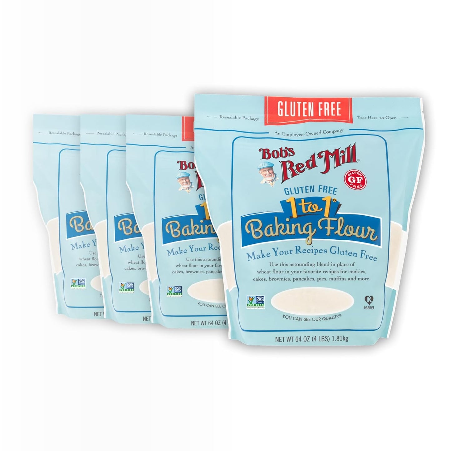 Bob's Red Mill Gluten Free 1 to 1 Baking Flour, 64oz (Pack of 4) - Non GMO, Vegan, Kosher