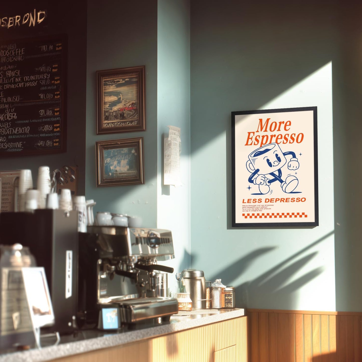 GELDSTEI Wood Framed Cute Coffee Wall Art, More Espresso Less Depresso Wall Decor, Funny Coffee Bar Aesthetic Picture, Vintage Cafe Bar Poster Print, Retro Cafe Cup Canvas Painting for Kitchen 16"x24"