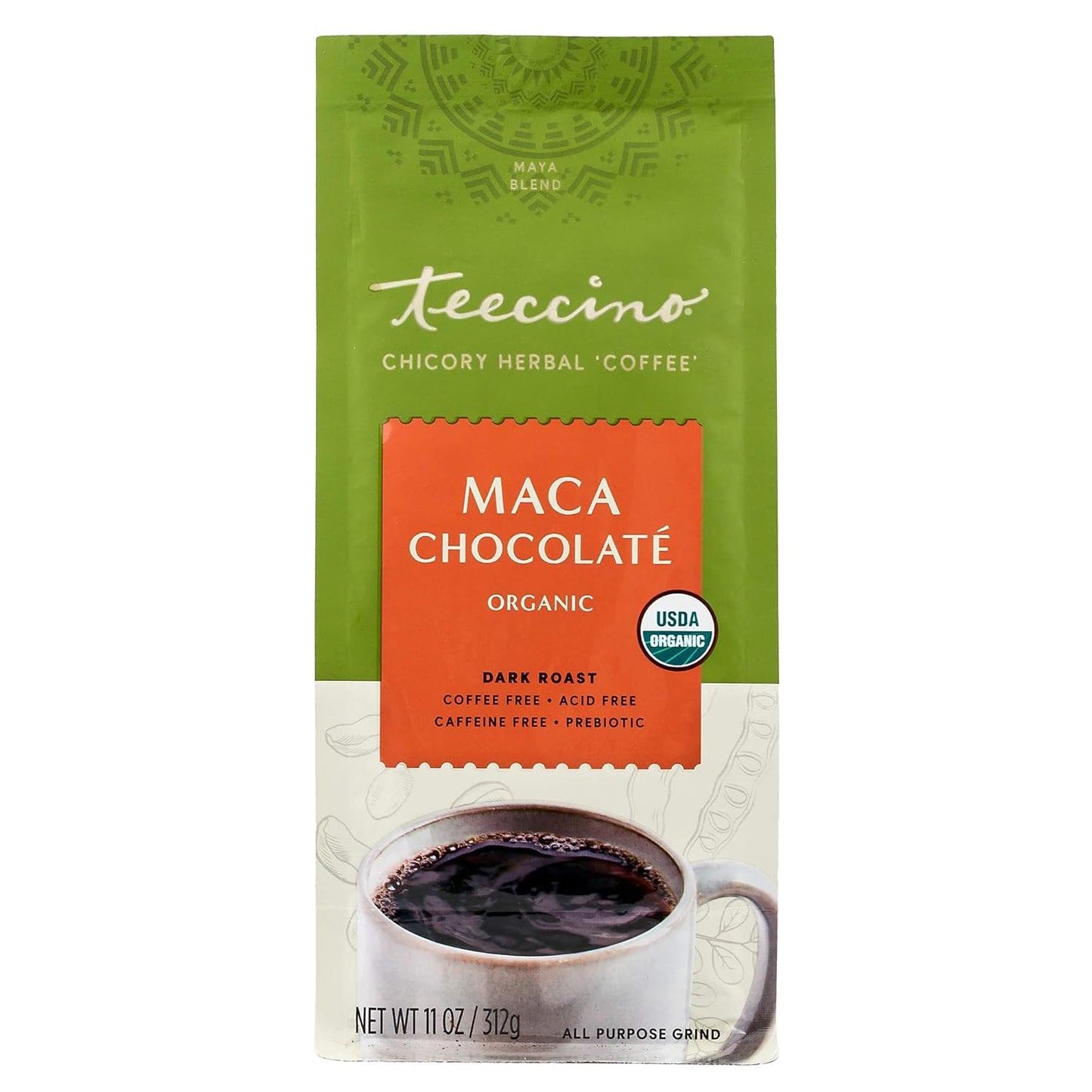 Teeccino Maca Chocolaté Chicory Coffee Alternative - Ground Herbal Coffee That’s Prebiotic, Caffeine Free & Acid Free, Dark Roast, 11 Ounce