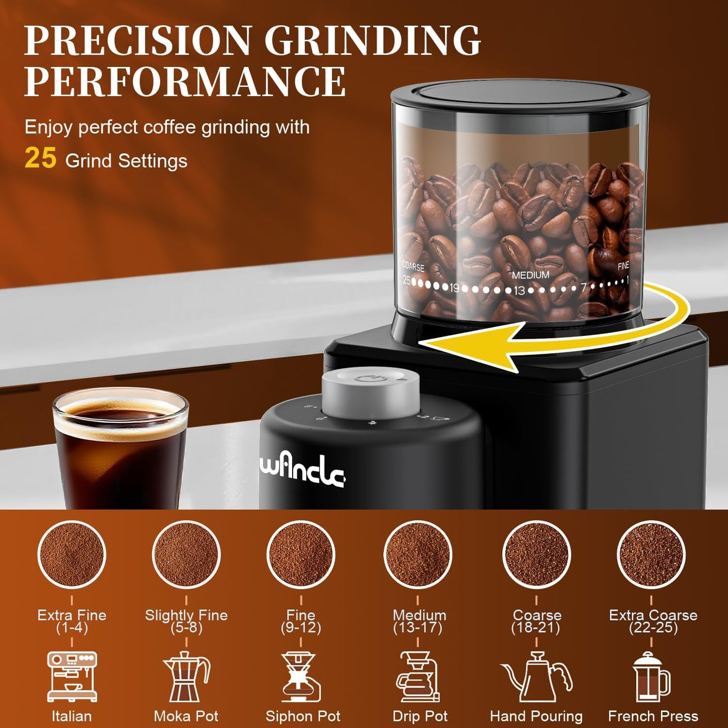 Wancle Coffee Grinder, Electric Conical Burr Coffee Bean Grinder, 25 Grind Settings-Adjustable for Espresso French Press Drip, 2-12 Cup Capacity, Low Noise, 80g Bean Capacity (Expandable to 120g)