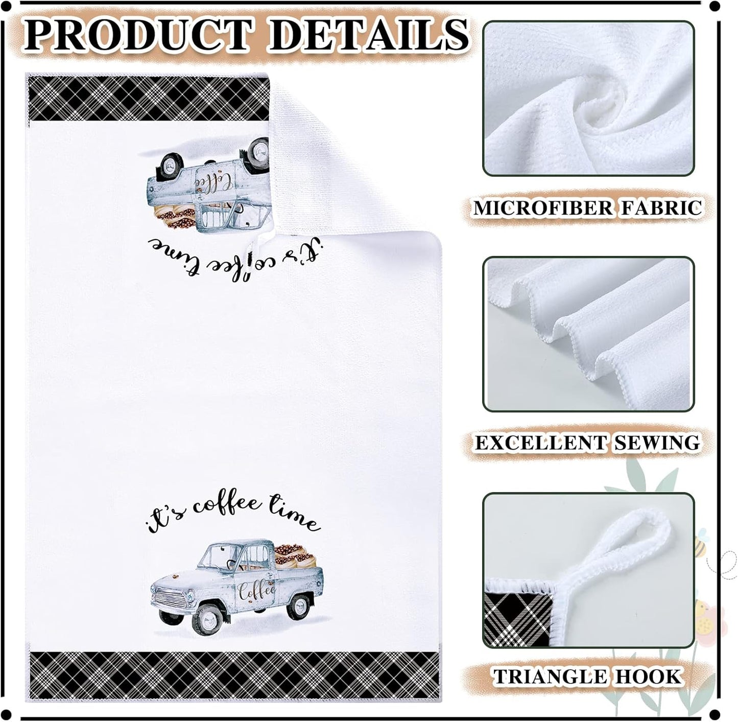 Ferraycle 4 Pieces Kitchen Dish Cloths Coffee Kitchen Hand Towels Absorbent Tea Towels 24 x 16 Inches, Coffee Lover Gift Bar Decorative Dish Cloths Rags, for Farmhouse(Mainly Black,Truck Style)