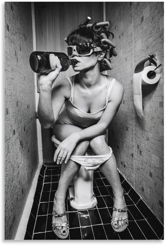 Woman Drinking on The Toilet Lnteresting Vintage Canvas Painting Wall Art Poster Room Decor Aesthetics 12x18inch(30x45cm)