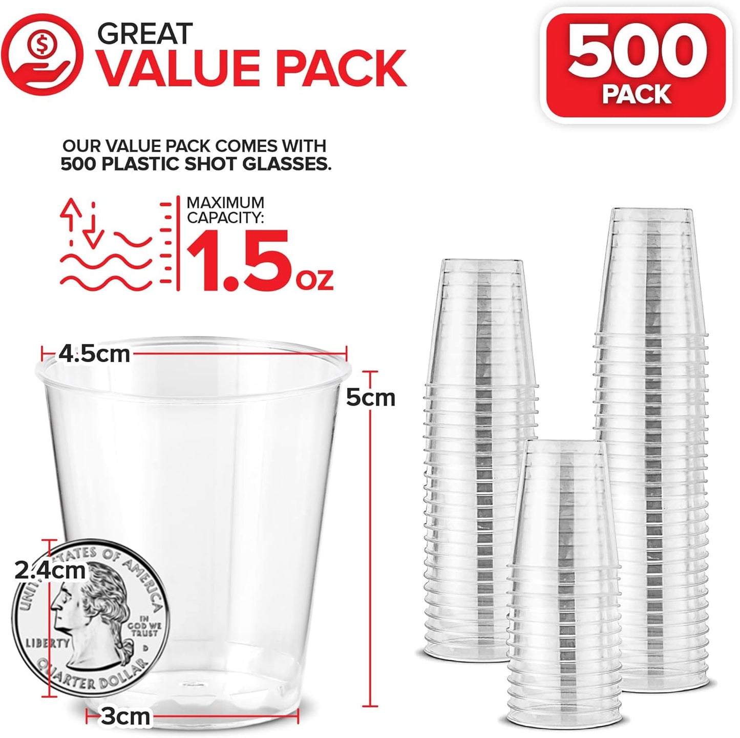 Stock Your Home 1.5 oz Shot Glasses - 500 Mini Plastic Shot Glasses (1.5oz) Clear Disposable Cups for Jello Shots, Wine Tasting, Liquor, Whiskey, Pudding, Sample Cup for Halloween and Elegant Parties