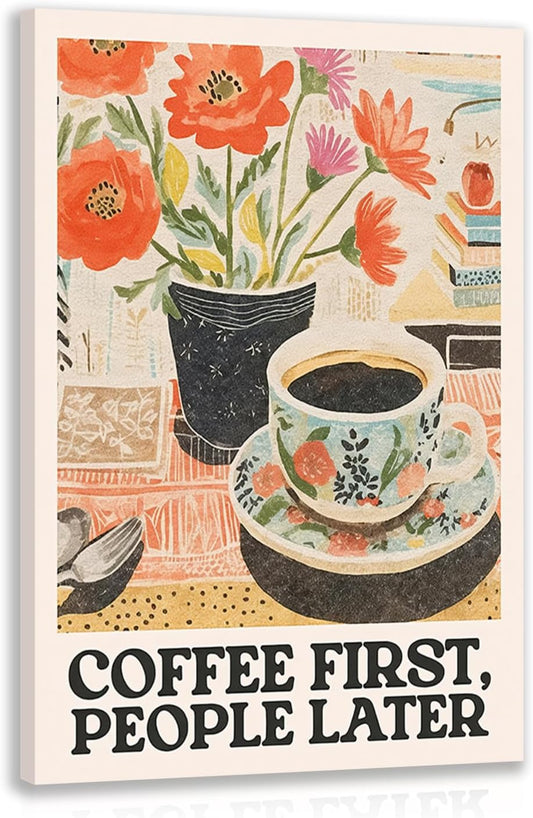 GELDSTEI Framed Retro Coffee Wall Art, Vintage Cafe Wall Decor, Coffee First People Later Canvas Painting, Classical Cafe Bar Poster Print for Kitchen Dining Room Home Office Ready to Hang 16"x24"