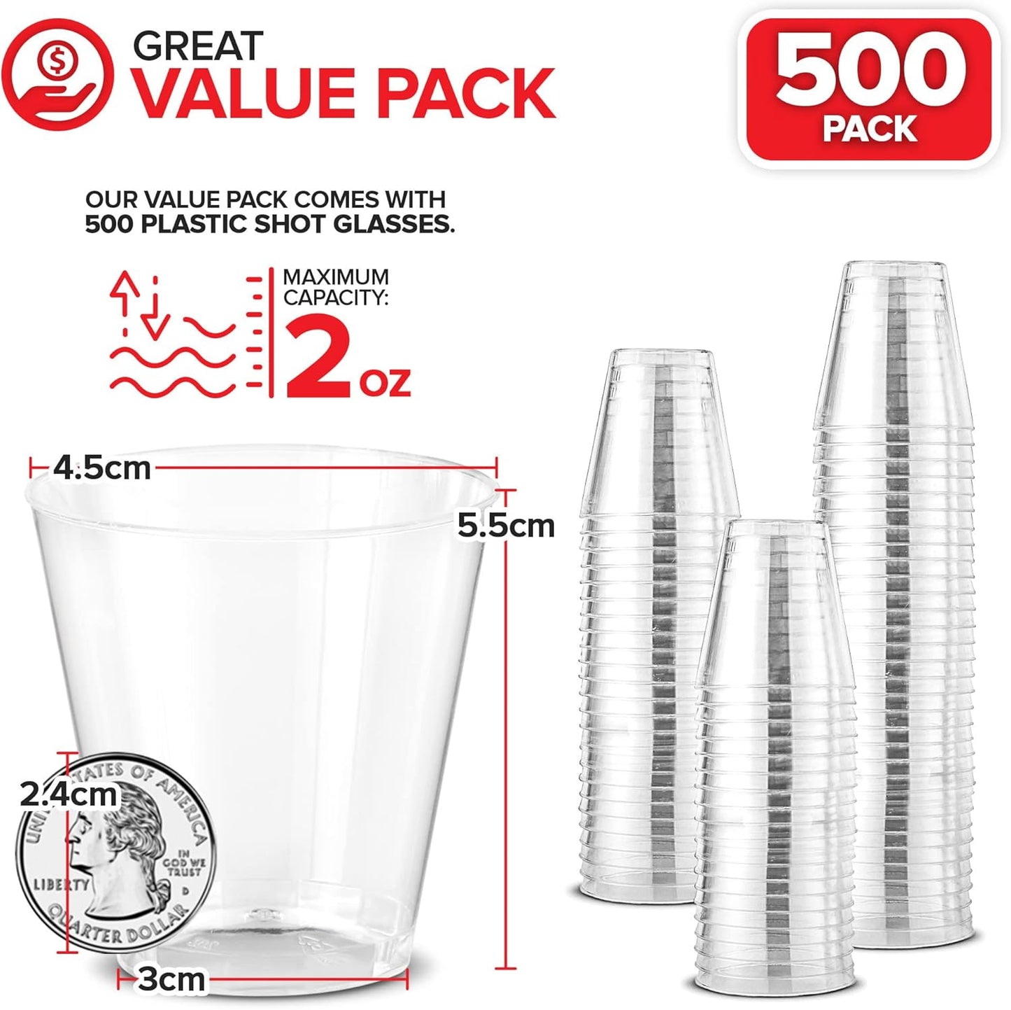 Stock Your Home 2 oz Shot Glasses - 500 Mini Plastic Shot Glasses (2oz) Clear Disposable Cups for Jello Shots, Wine Tasting, Liquor, Whiskey, Pudding, Sample Cup for Halloween and Elegant Parties