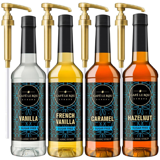 "NEW" Café Le Rou Coffee Syrup Sugar Free Variety 25.4oz Vanilla, French Vanilla, Caramel, Hazelnut -(4 Pack)*Includes 4 Coffee Syrup Dispensers*Flavoring Syrup for Coffee, Tea and Espresso