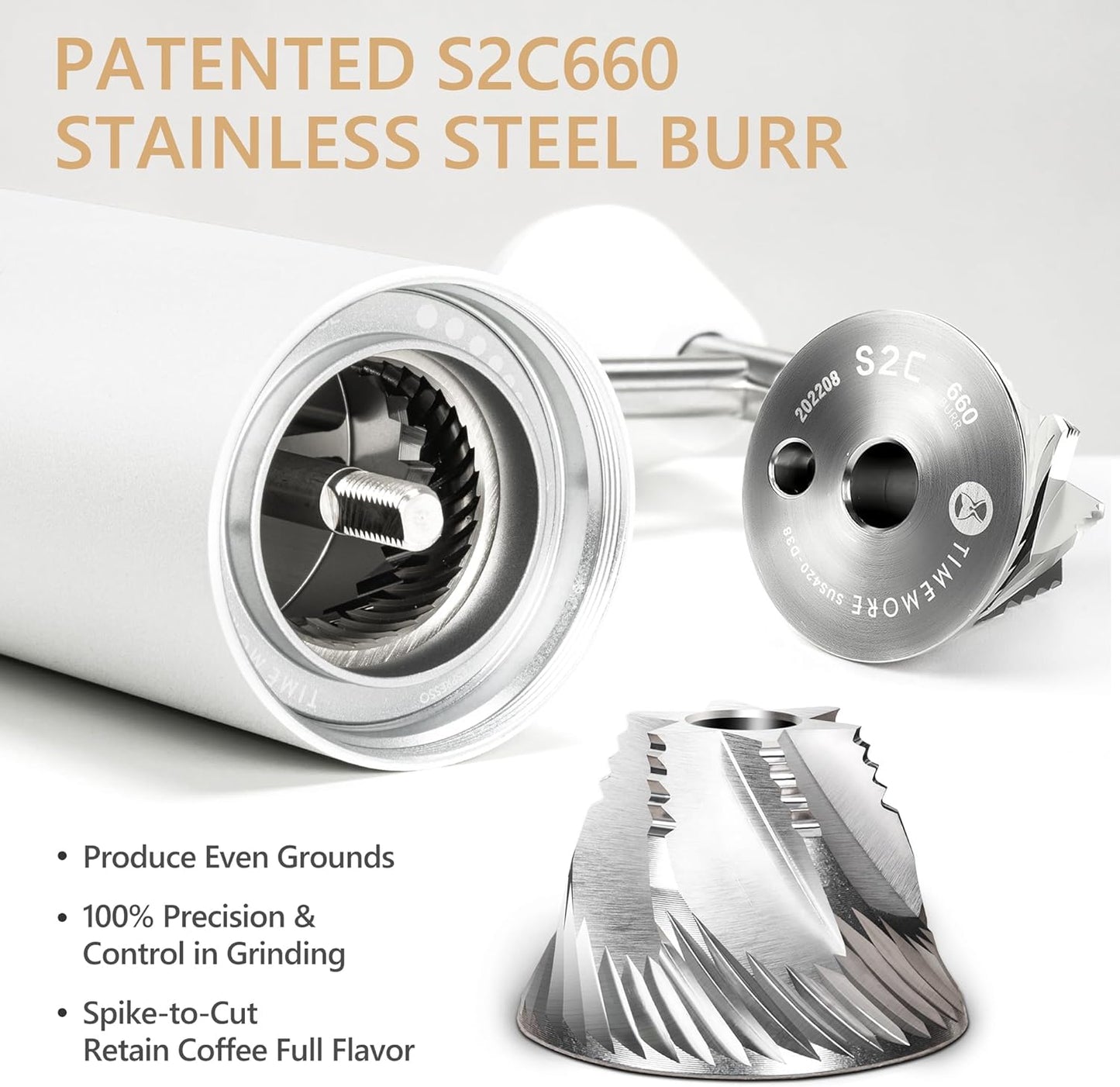 TIMEMORE Chestnut C3S Pro Hand Coffee Grinder, Stainless Steel S2C Conical Burr Manual Coffee Grinder, Coffee Grinder with Foldable Handle, Adjustable Grind Setting for Espresso to French Press, White