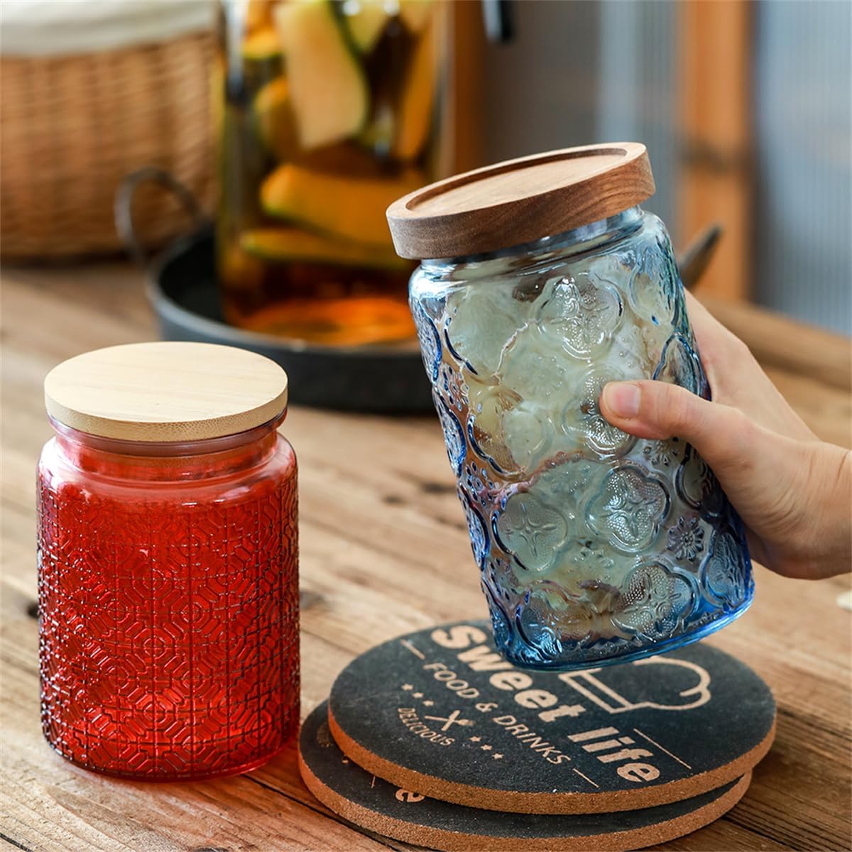 ANSQU Vintage Glass Jar with Lid, Decorative Canister for Kitchen Storage, Coffee, Candy, Laundry Detergent, Begonia Flower Design, Cute Food Storage Jar for Home & Kitchen (Blue 2, 34 Ounces)