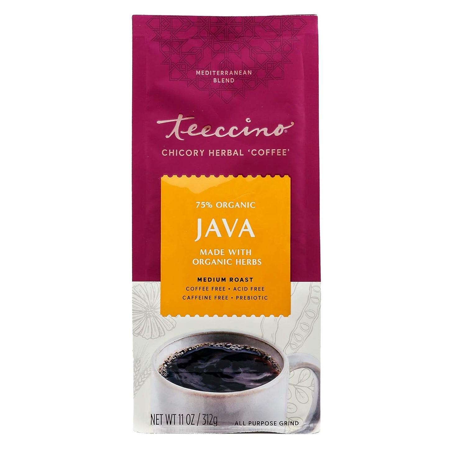 Teeccino Java Chicory Coffee Alternative - Ground Herbal Coffee That’s Prebiotic, Caffeine Free & Acid Free, Medium Roast, 11 Ounce (Pack of 3)