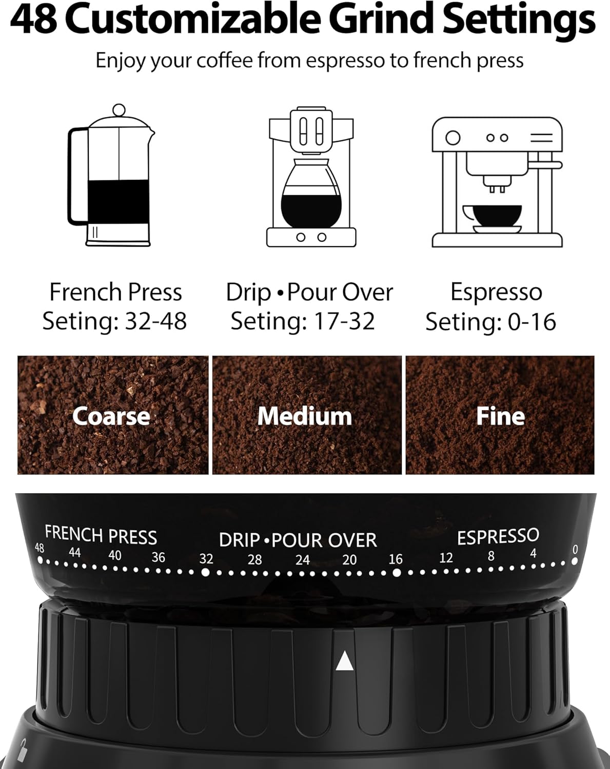 Aromaster Coffee Bean Grinder with 48 Gind Settings, Conical Burr Coffee Grinder for Home Use,Stainless Steel,40 Seconds Adjustable Timer,Anti-static,Easy to Clean with Brush