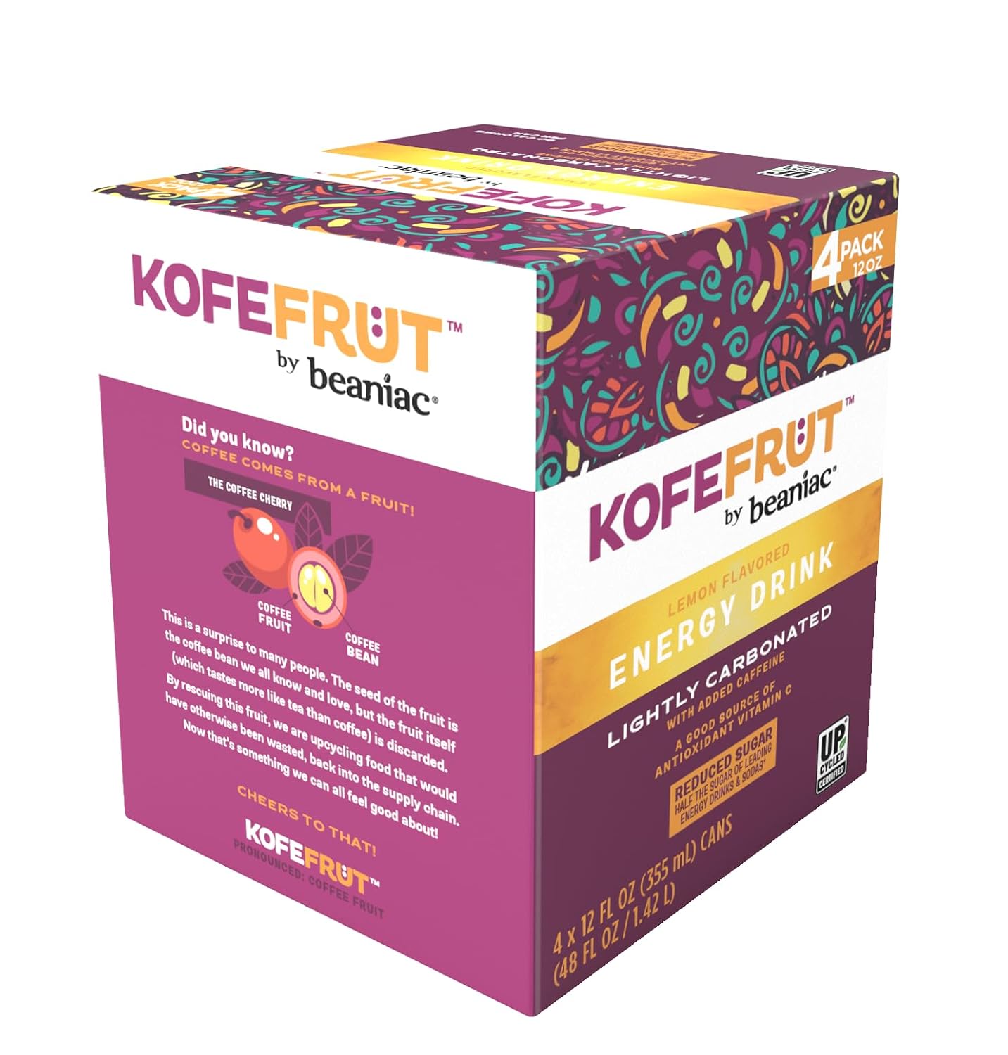 KOFEFRUT by beaniac Caffeinated Energy Drink, Lemon, Lightly Carbonated, Reduced Sugar, 80mg Caffeine, Polyphenols, Antioxidants, Vitamin C, 12 Fl Oz Can (Pack of 4)
