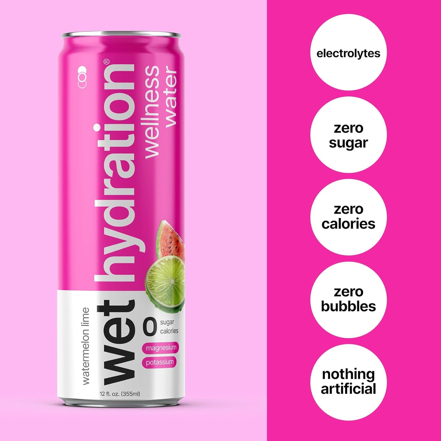 Wet Hydration | Functional Wellness Water, Non-Carbonated - Watermelon Lemon Lime (12 Ounce Cans, Pack of 12) - Flavored Water, Hydration Drink, No Sugar, No Artificial Ingredients, Zero Calories