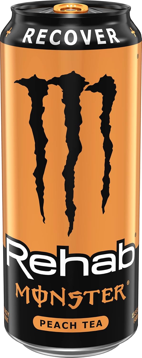 Monster Energy Rehab Peach Tea + Energy, Energy Iced Tea, Energy Drink, 15.5 Ounce (Pack of 15)