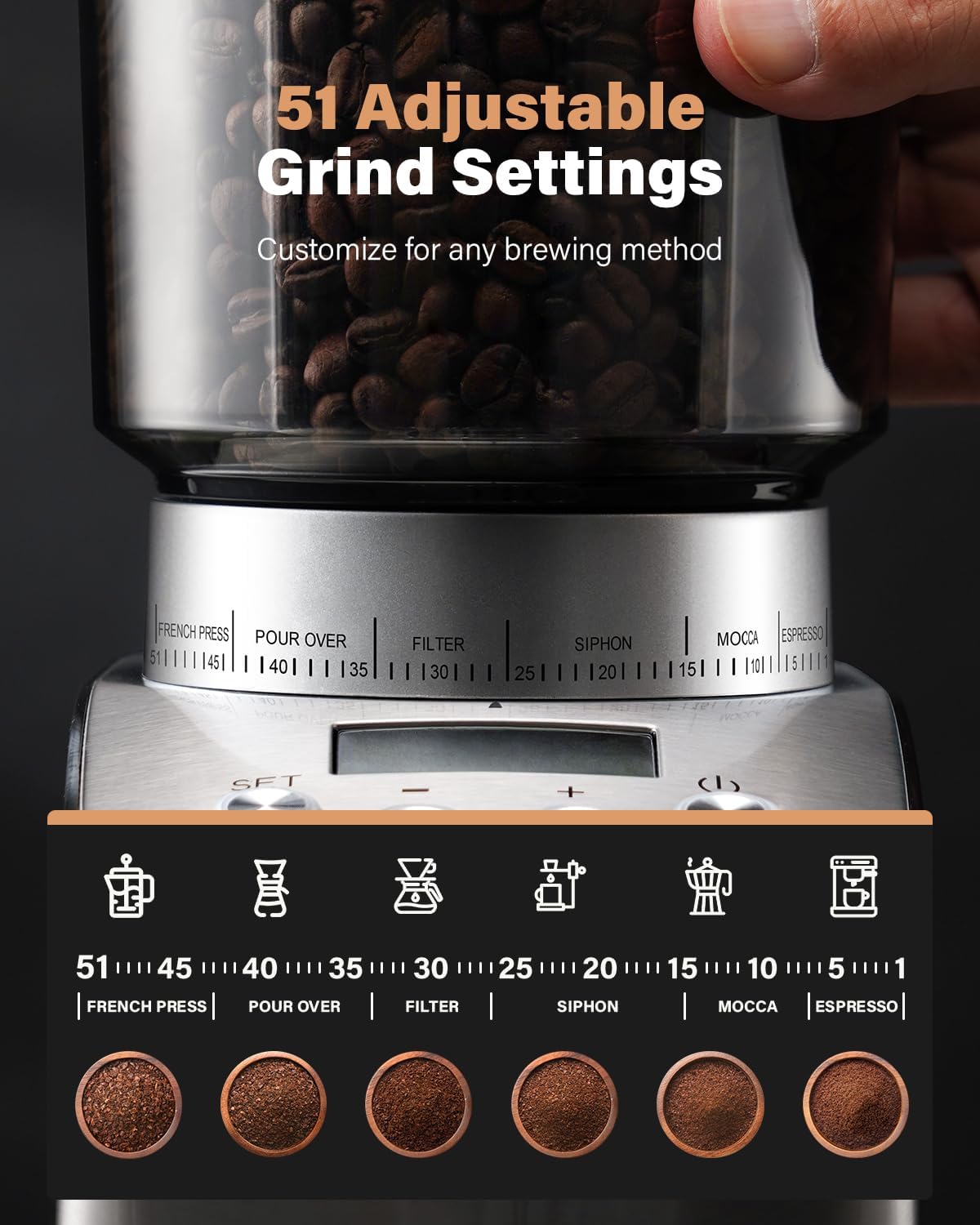 Conical Burr Coffee Grinder Electric, Espresso Grinder for Home Use, Burr Mill with 51 Grind Settings, Precision Electronic Timer, Stainless Steel Container