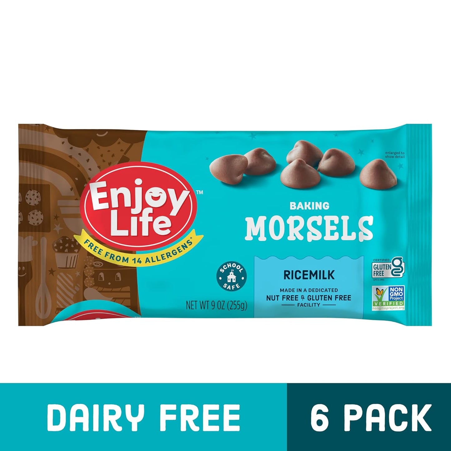 Enjoy Life Ricemilk Baking Morsels, Milk Chocolate, Soy, Nut, Gluten & Dairy free, Non GMO, Plant Based, Vegan, 9 Oz (Pack of 6), Make & Bake The Best Brownies, Cakes, Cookies, Pancakes, Oatmeal, & More