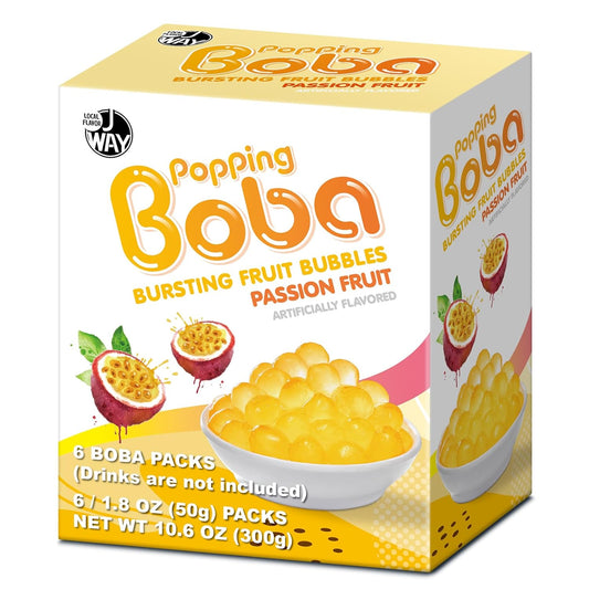 J WAY Bursting Popping Passion Fruit Boba Pearls, Passion Fruit Syrup, Non-Dairy, Fat-Free Popping Tapioca Boba for Beverages, Sweets, Ice Cream, 1.8oz (Pack of 6)