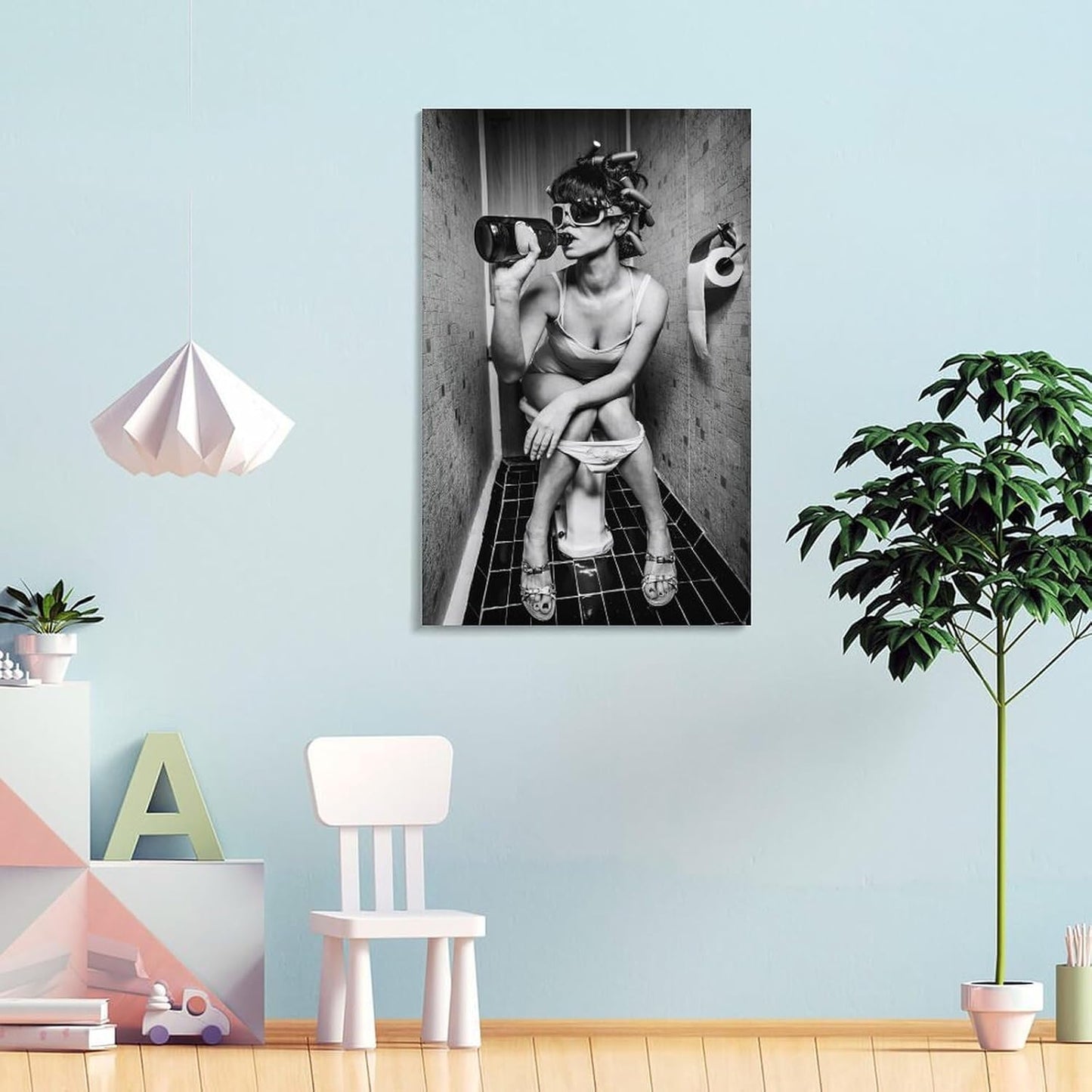 Woman Drinking on The Toilet Lnteresting Vintage Canvas Painting Wall Art Poster Room Decor Aesthetics 24x36inch(60x90cm)