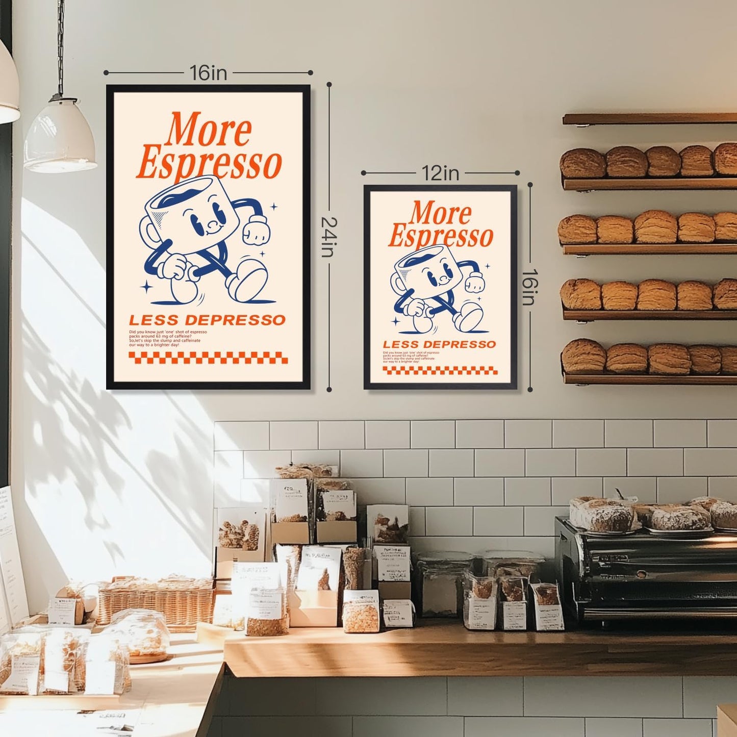 GELDSTEI Wood Framed Cute Coffee Wall Art, More Espresso Less Depresso Wall Decor, Funny Coffee Bar Aesthetic Picture, Vintage Cafe Bar Poster Print, Retro Cafe Cup Canvas Painting for Kitchen 12"x16"