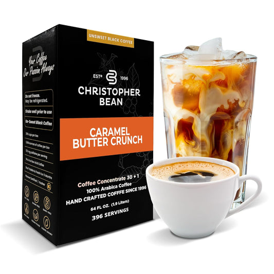 Christopher Bean Coffee - 396 servings, 30 to 1 Blend Bag in Box Liquid Instant Coffee or Cold Brew Coffee Concentrate - Hot or Iced Coffee - Caramel Butter Crunch
