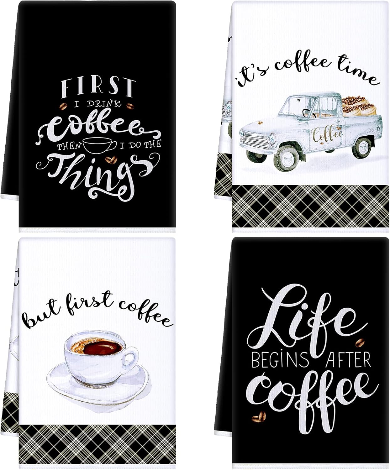 Ferraycle 4 Pieces Kitchen Dish Cloths Coffee Kitchen Hand Towels Absorbent Tea Towels 24 x 16 Inches, Coffee Lover Gift Bar Decorative Dish Cloths Rags, for Farmhouse(Mainly Black,Truck Style)