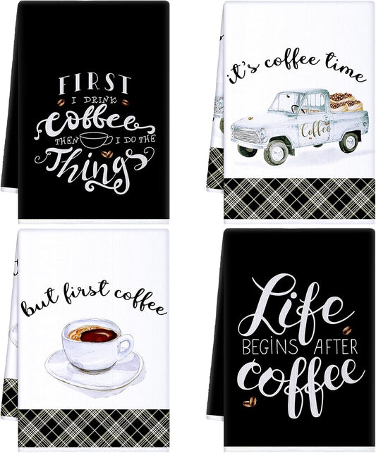 Ferraycle 4 Pieces Kitchen Dish Cloths Coffee Kitchen Hand Towels Absorbent Tea Towels 24 x 16 Inches, Coffee Lover Gift Bar Decorative Dish Cloths Rags, for Farmhouse(Mainly Black,Truck Style)