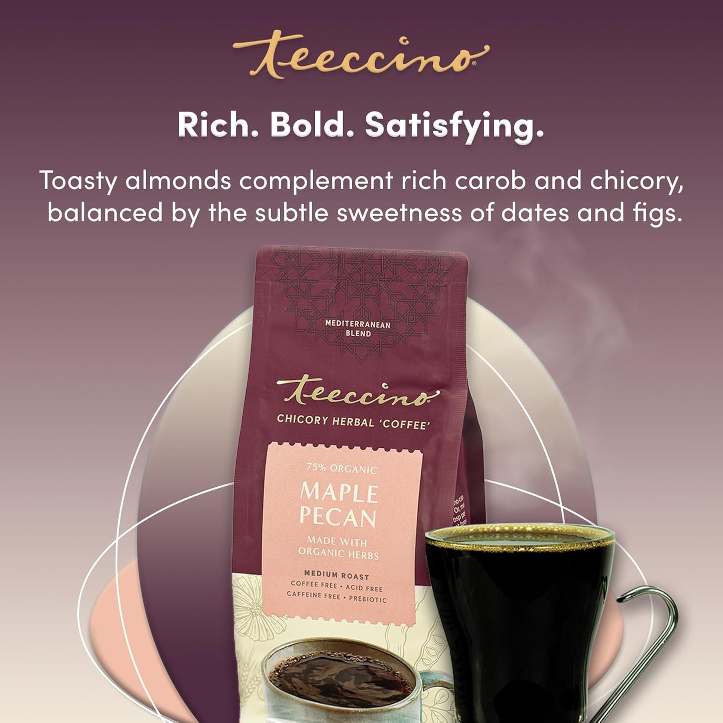 Teeccino Maple Pecan Chicory Coffee Alternative - Ground Herbal Coffee That’s Prebiotic, Caffeine Free & Acid Free, Medium Roast, 11 Ounce