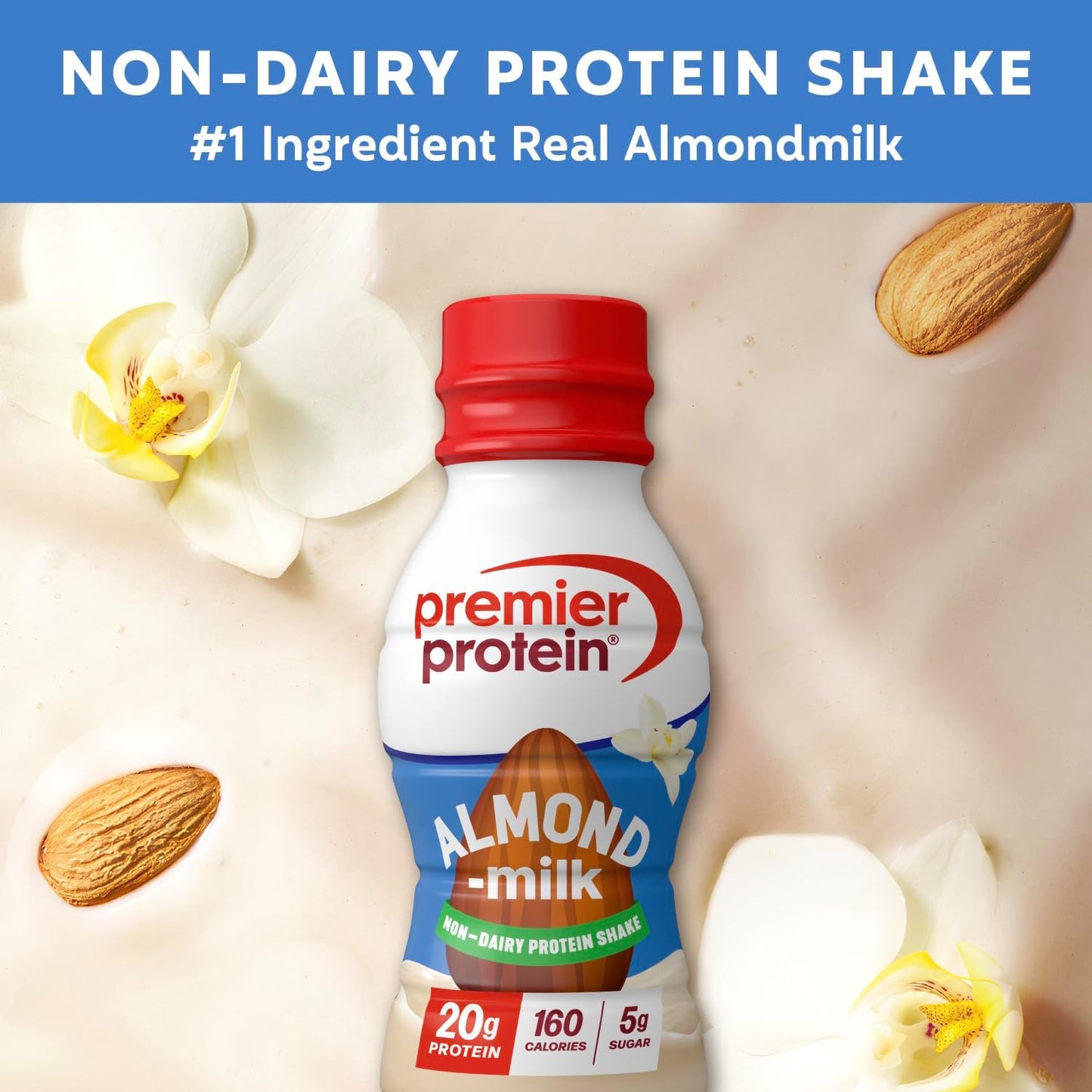 Premier Protein Almondmilk Plant Based Protein Shake, 20g Protein, 5g Sugar, 11.5 Fl oz, Vanilla, 12 Count