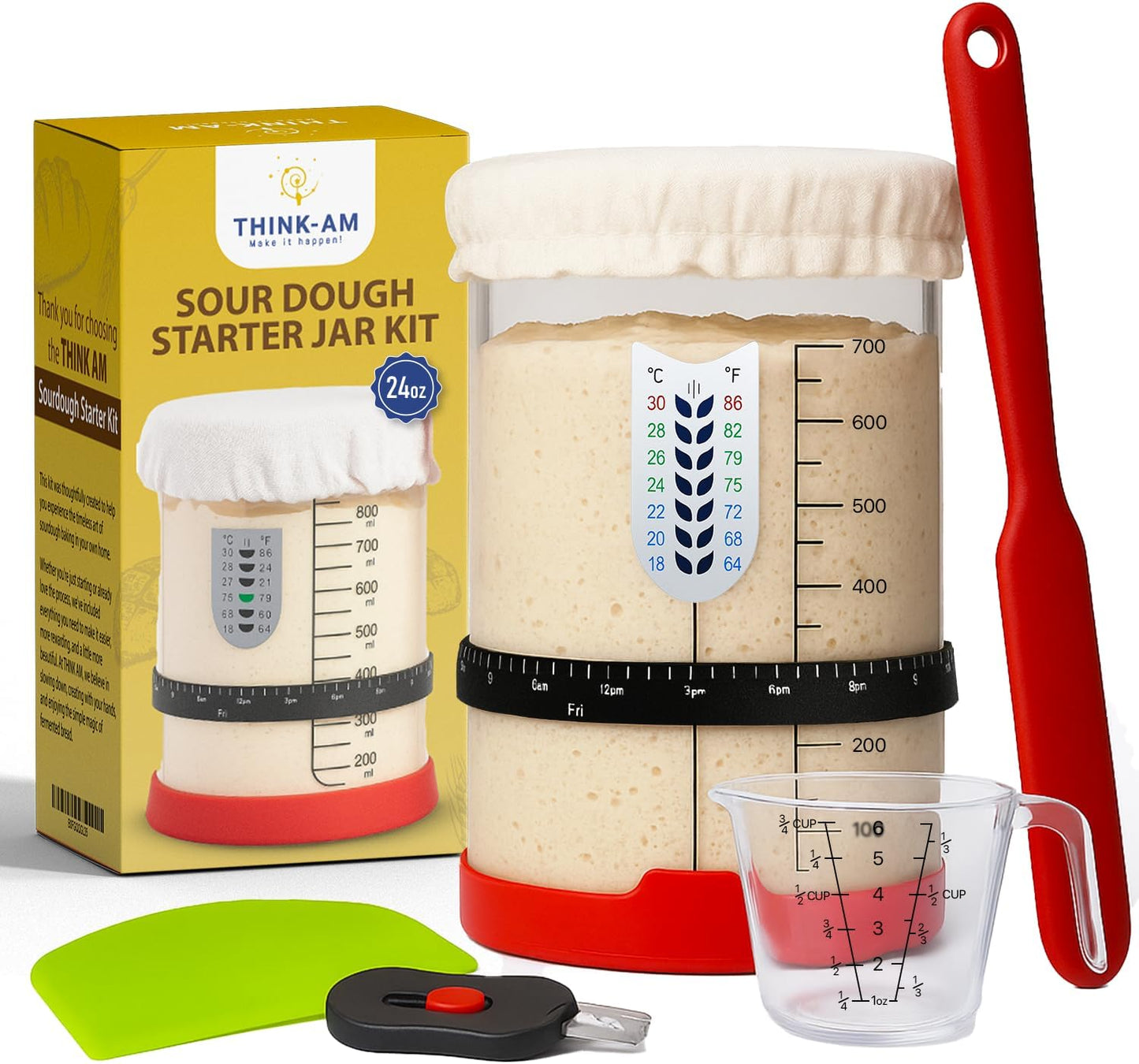 Sourdough Starter Kit, 24 Oz Sourdough Jar with Measuring Cup, Thermometer, Spatula, Dough Scraper, Bread Lame, Silicone Base & Cloth Cover, Feeding Band, Bread Baking Supplies for Bakers (24 Oz)