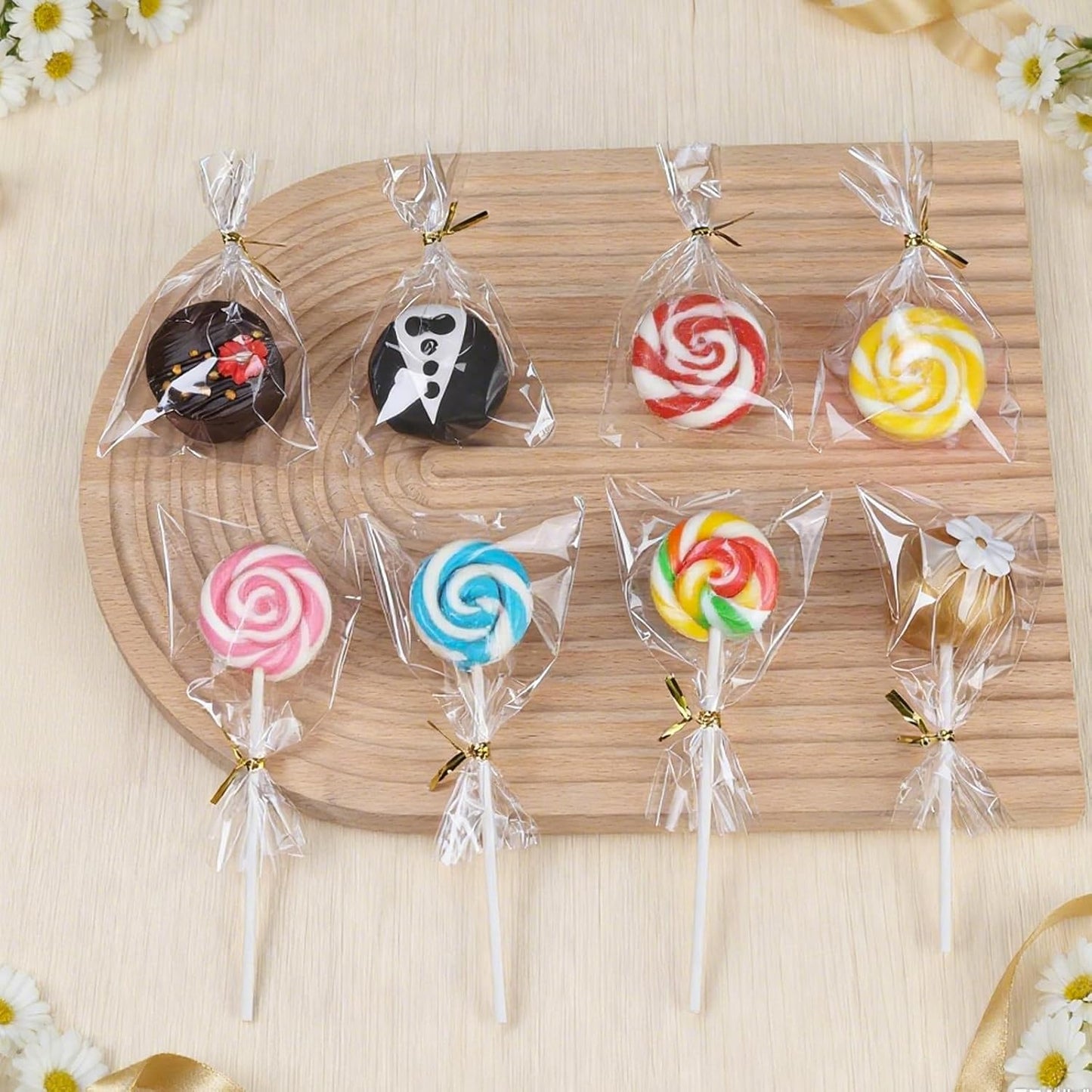 ROSPAKTEK 200 Pcs Cellophane Treat Bags 3x5 Inch with 200 Twist Ties - OPP Plastic Cake Pop Bags for Lollipop, Candy, Chocolate, Cookie Wrapping & Buffet