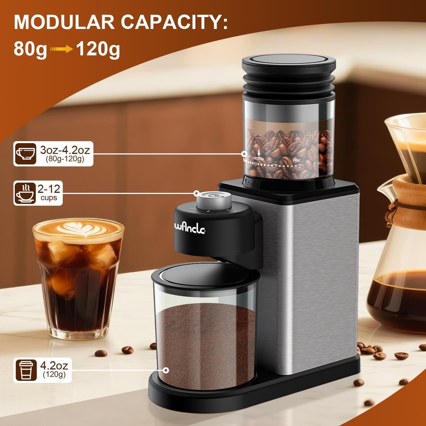 Wancle Conical Burr Electric Coffee Grinder Bean Grinder - 25 Adjustable Grind Settings for Espresso/French Press/Drip, 2-12 Cup Capacity, Low Noise & Anti-static with Powder Blower, Stainless Steel