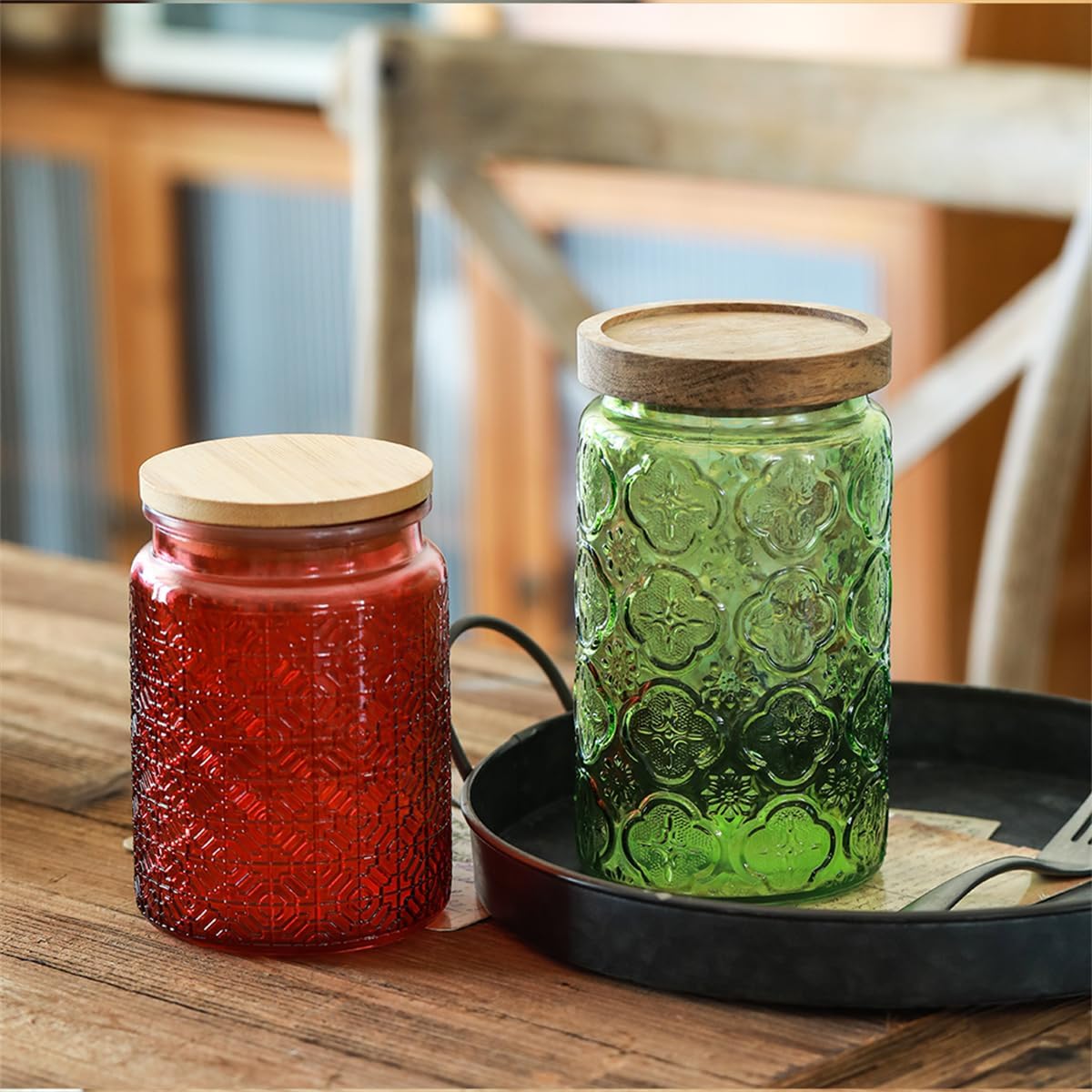ANSQU Set of 2 Vintage Glass Storage Containers, Green Glass Jars with Wooden Lids, 34 FL OZ Decorative Jars for Kitchen Storage Cabinets for Coffee, Jam, Candy, Cookie (Green Begonia)
