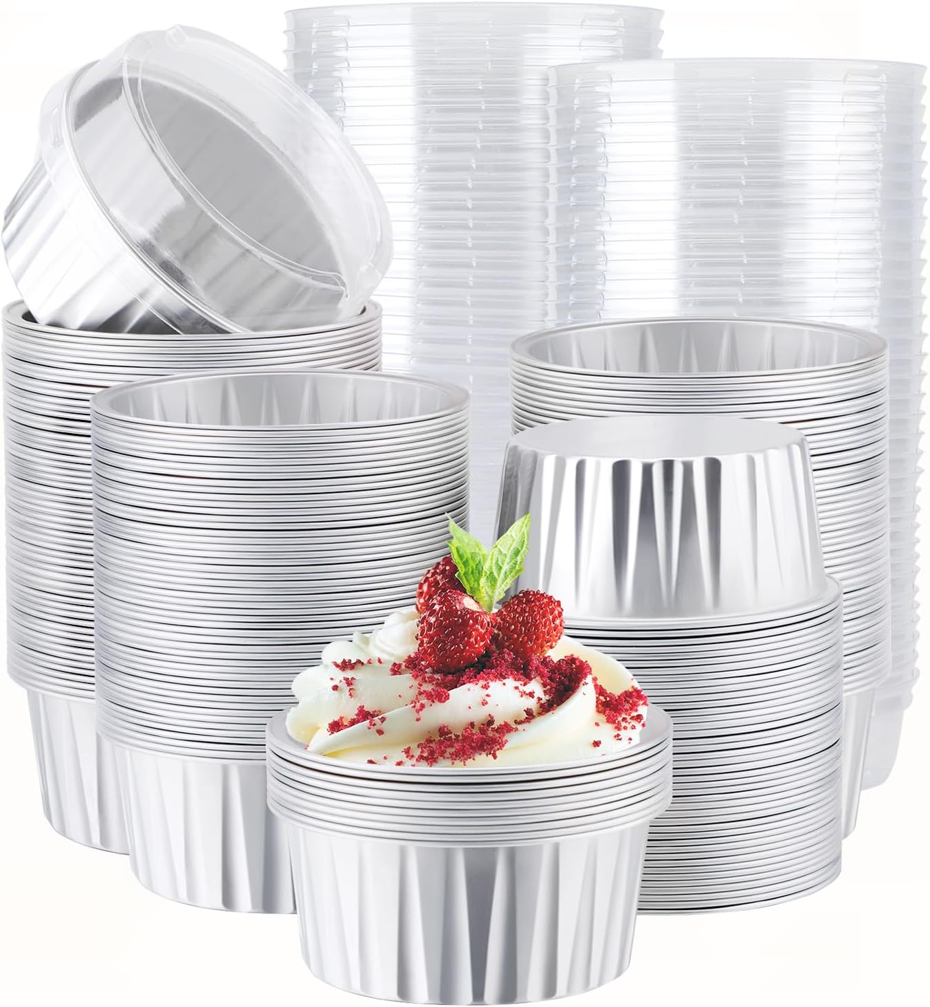 EUSOAR Silver Cupcake Liners, 200pcs 5oz Mini Cake Pans Aluminum Foil Baking Cups with Lids, Cheesecake Muffin Cups, Disposable Dessert Containers Tin for Flan Creme Brulee Souffle Custard Pudding