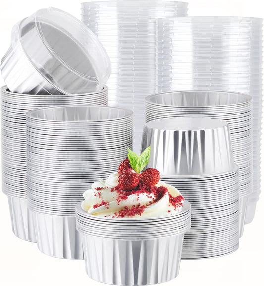 EUSOAR Silver Cupcake Liners, 200pcs 5oz Mini Cake Pans Aluminum Foil Baking Cups with Lids, Cheesecake Muffin Cups, Disposable Dessert Containers Tin for Flan Creme Brulee Souffle Custard Pudding