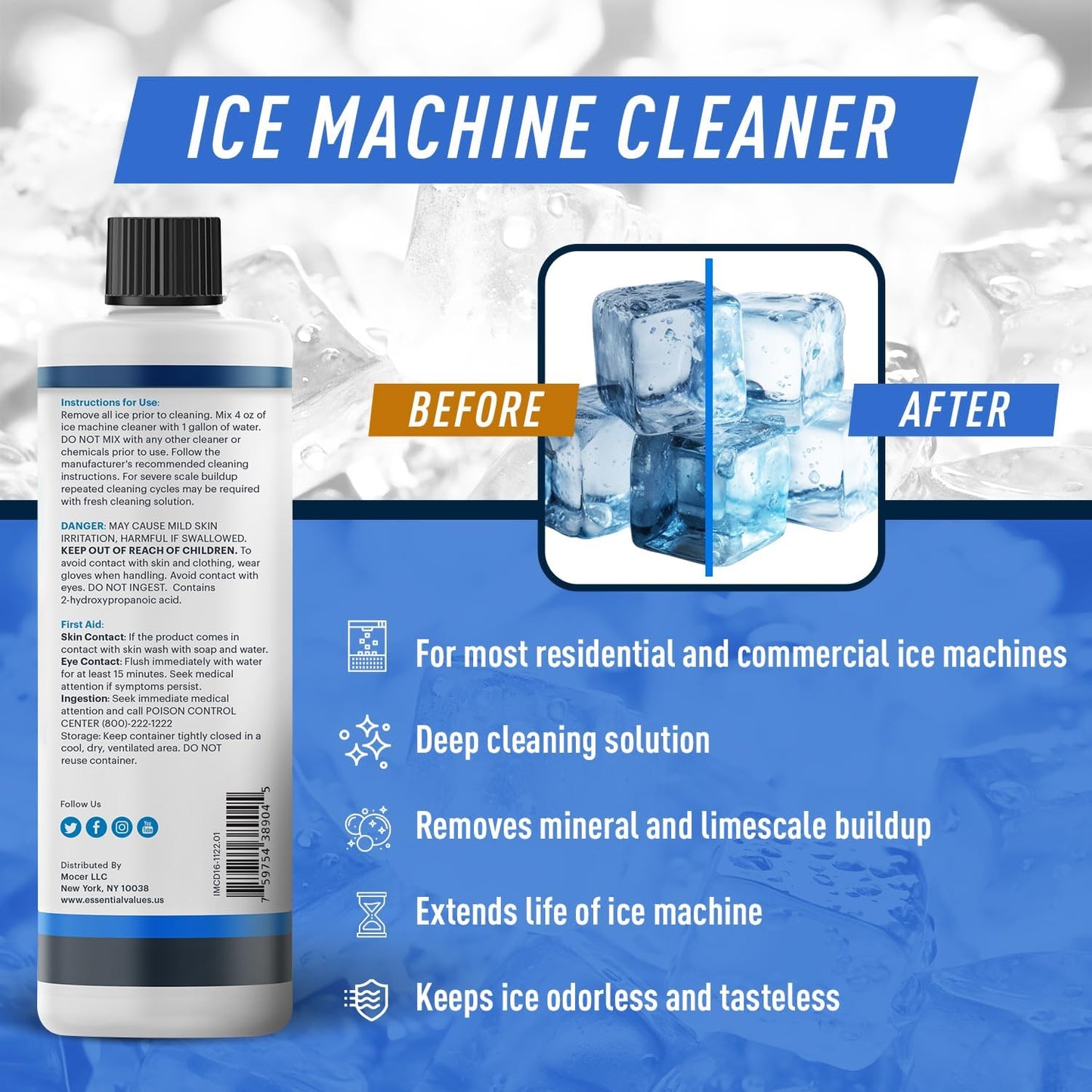 Essential Values Ice Machine Cleaner and Descaler 16 fl oz - Ice Maker Cleaner and Descaler - Compatible with All Major Brands (Scotsman, KitchenAid, Affresh, Opal, Manitowoc)