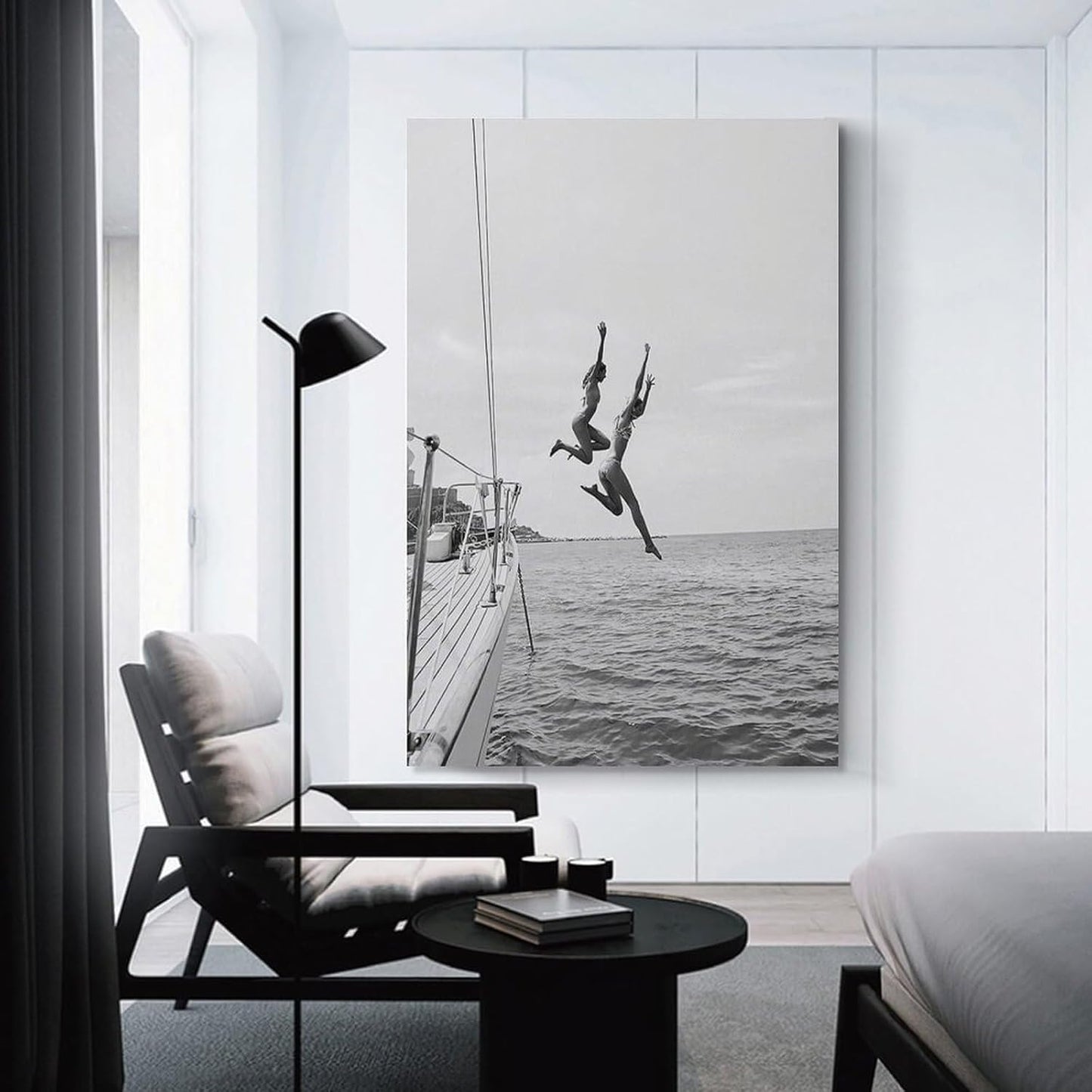 Trendy Wall Art Black And White Beach Poster Summer Ocean Jump Sail Boat Yacht Canvas Printing Art Poster, Diving Lovers Gifts, Home Wall Decoration 16x24inch(40x60cm)