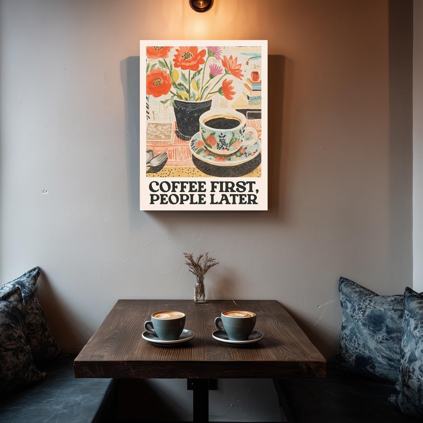GELDSTEI Framed Retro Coffee Wall Art, Vintage Cafe Wall Decor, Coffee First People Later Canvas Painting, Classical Cafe Bar Poster Print for Kitchen Dining Room Home Office Ready to Hang 16"x24"