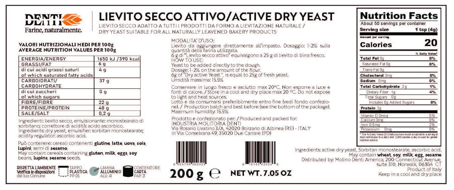 Molino Denti - Lievito Active Dry Yeast 7.05 Ounce Can - Made in Italy - Perfect with 00 Flour