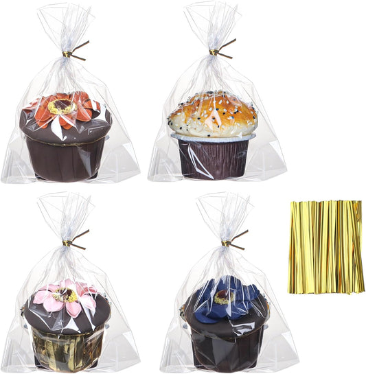 100 Pcs 5x6.5" Cellophane Muffin Bags with Gold Twist Ties – Commercial-Grade Flat-Bottom Design for Cupcakes, Cookies & Pastries (Fits Macarons/Chocolates/Strawberries) – Reusable