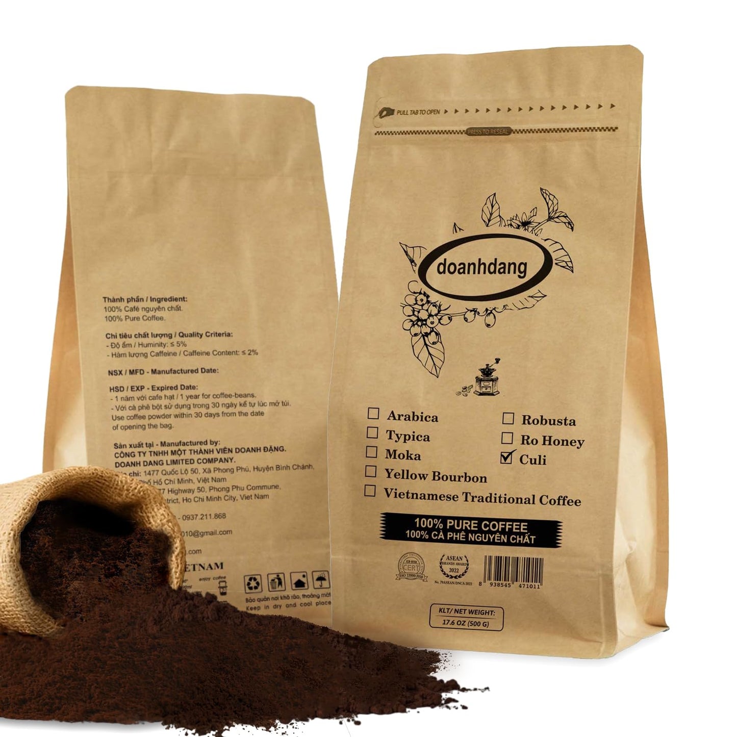 doanhdang - 17.6 Oz Premium Culi Ground Bean Coffee, 100% Culi Peaberry Medium Roast, Rich Flavor for Espresso Shot and Brew, Origin from Vietnam, Ground Med Roast Beans